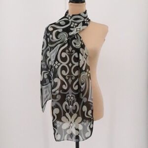 Sheer Baroque Scroll Scarf Womens Artsy Black‎ Gray Neutral Versatile 66x13.5